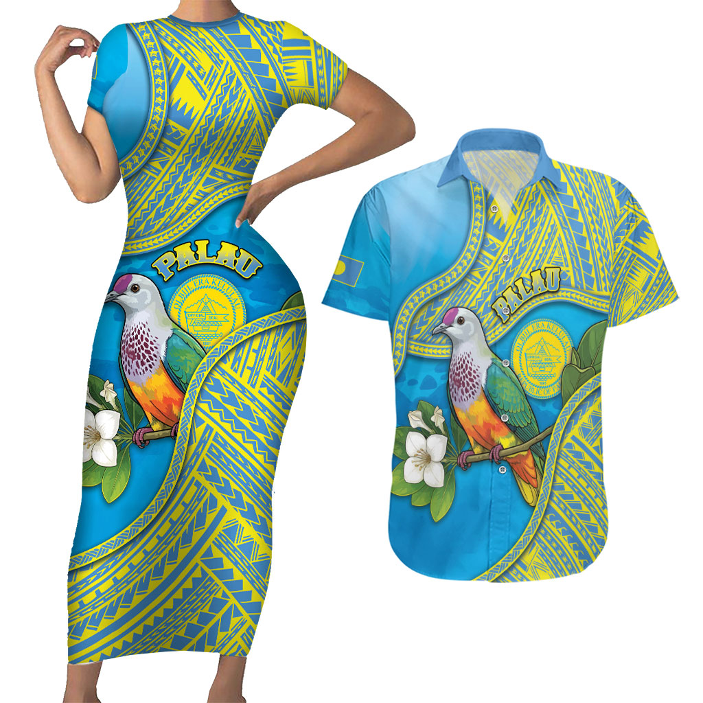 Personalised Palau Biib Bird Couples Matching Short Sleeve Bodycon Dress and Hawaiian Shirt Rur Flower And Rock Islands Patterns DT05 Blue - Polynesian Pride