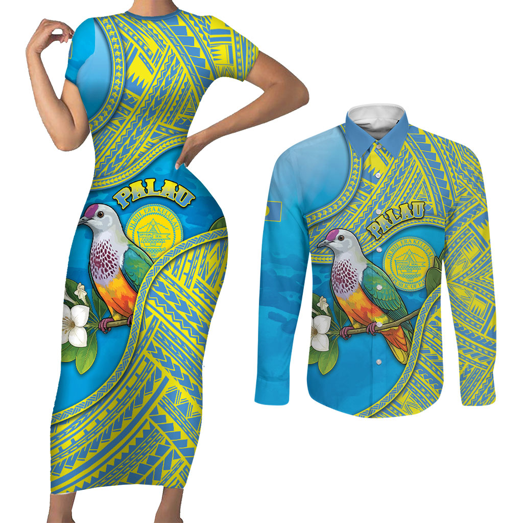 Personalised Palau Biib Bird Couples Matching Short Sleeve Bodycon Dress and Long Sleeve Button Shirt Rur Flower And Rock Islands Patterns DT05 Blue - Polynesian Pride