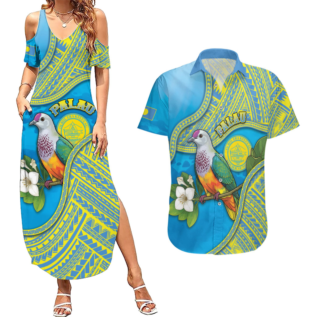 Personalised Palau Biib Bird Couples Matching Summer Maxi Dress and Hawaiian Shirt Rur Flower And Rock Islands Patterns DT05 Blue - Polynesian Pride