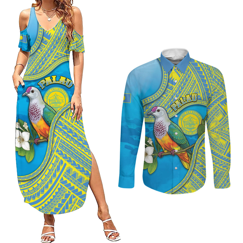 Personalised Palau Biib Bird Couples Matching Summer Maxi Dress and Long Sleeve Button Shirt Rur Flower And Rock Islands Patterns DT05 Blue - Polynesian Pride