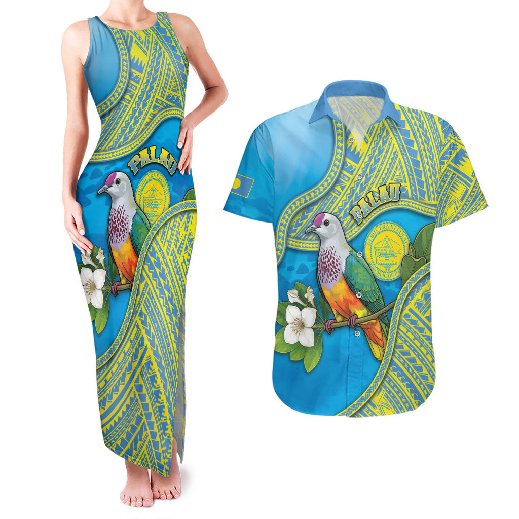 Personalised Palau Biib Bird Couples Matching Tank Maxi Dress and Hawaiian Shirt Rur Flower And Rock Islands Patterns DT05 Blue - Polynesian Pride