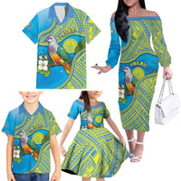 Personalised Palau Biib Bird Family Matching Off The Shoulder Long Sleeve Dress and Hawaiian Shirt Rur Flower And Rock Islands Patterns