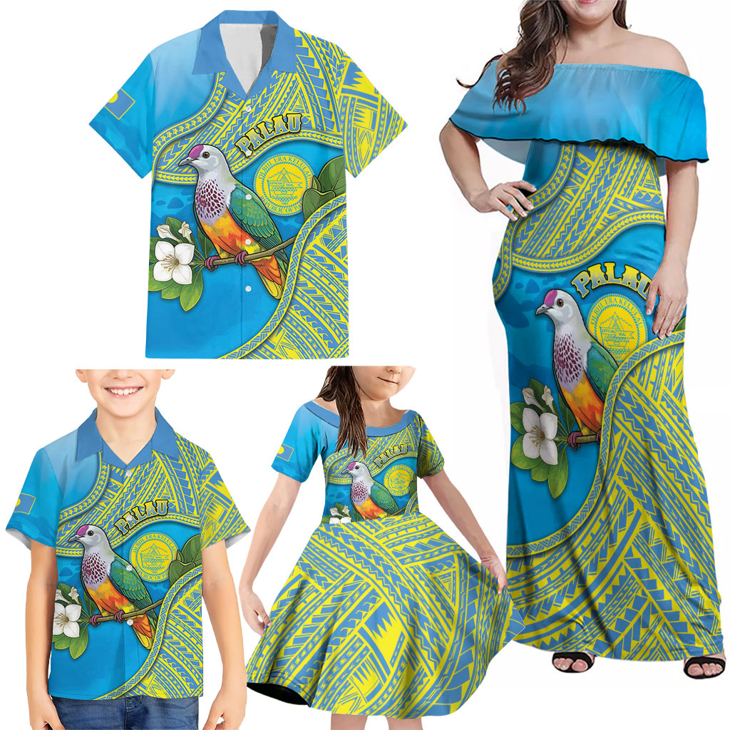 Personalised Palau Biib Bird Family Matching Off Shoulder Maxi Dress and Hawaiian Shirt Rur Flower And Rock Islands Patterns DT05 - Polynesian Pride