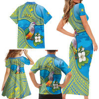 Personalised Palau Biib Bird Family Matching Short Sleeve Bodycon Dress and Hawaiian Shirt Rur Flower And Rock Islands Patterns