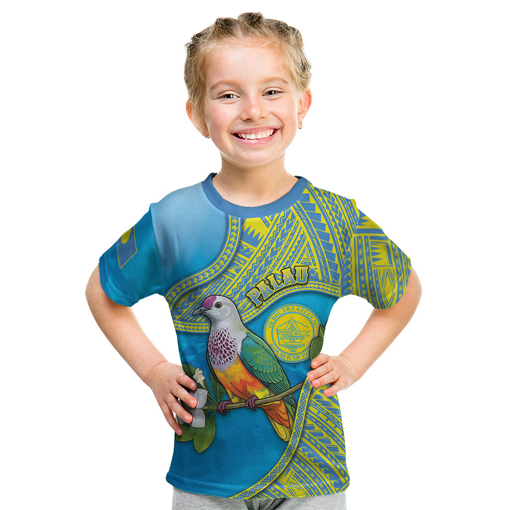 Personalised Palau Biib Bird Kid T Shirt Rur Flower And Rock Islands Patterns DT05 Blue - Polynesian Pride