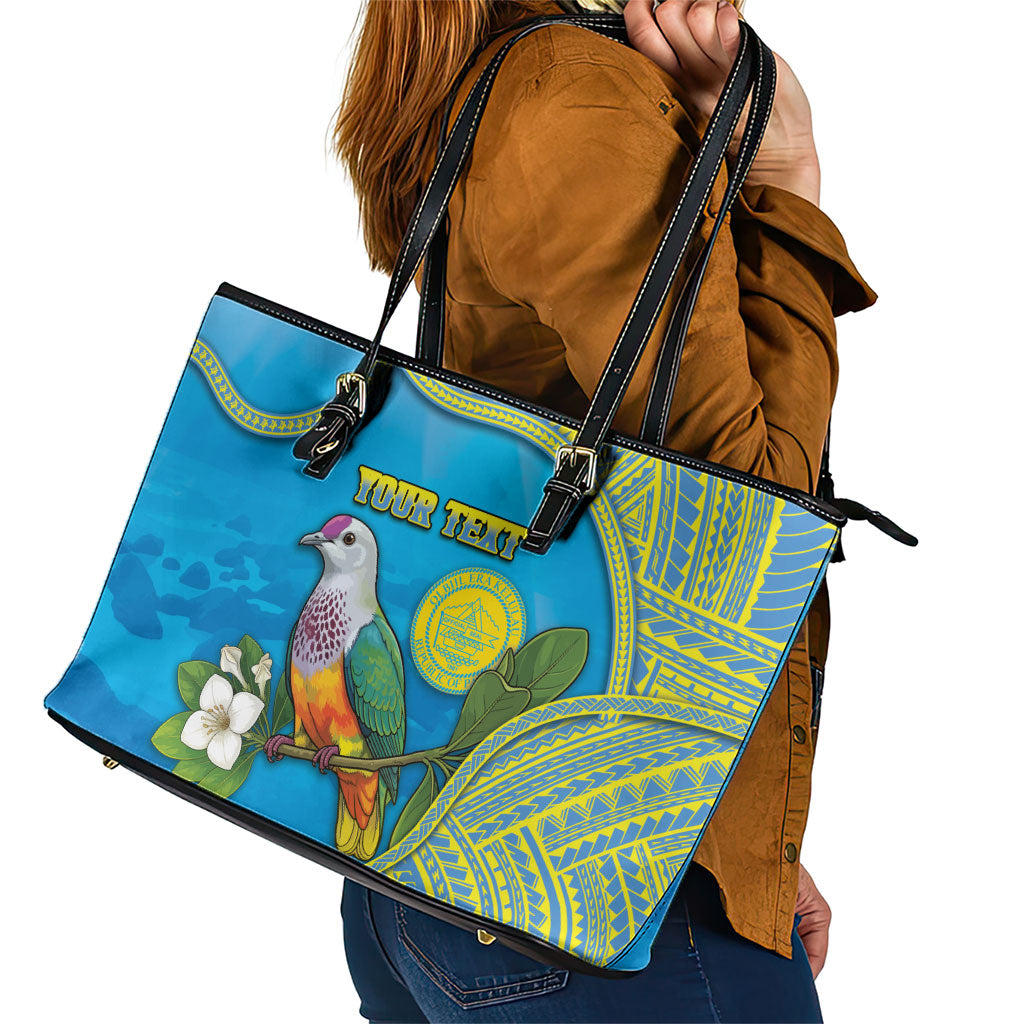 Personalised Palau Biib Bird Leather Tote Bag Rur Flower And Rock Islands Patterns