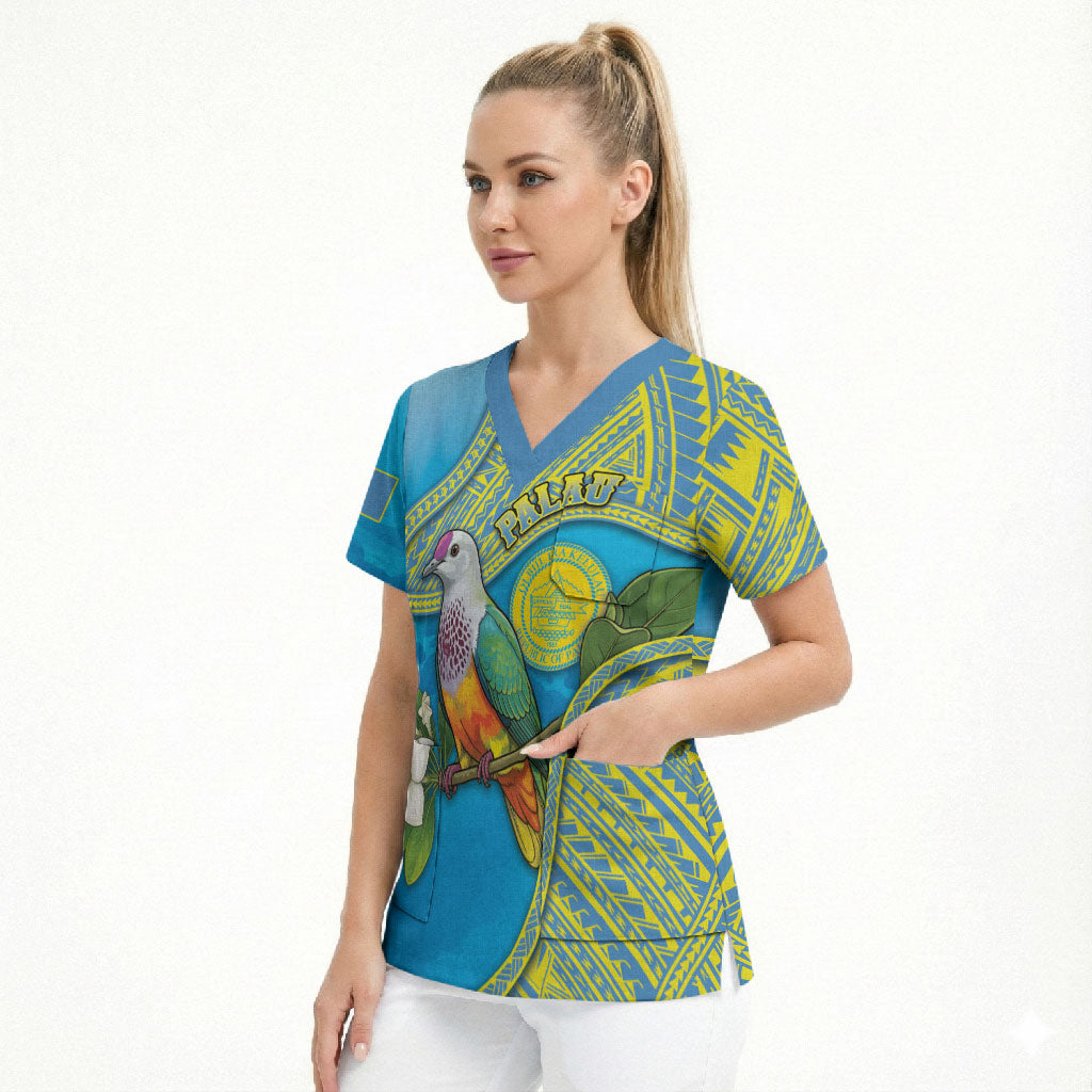 Personalised Palau Biib Bird Scrub Top Rur Flower And Rock Islands Patterns