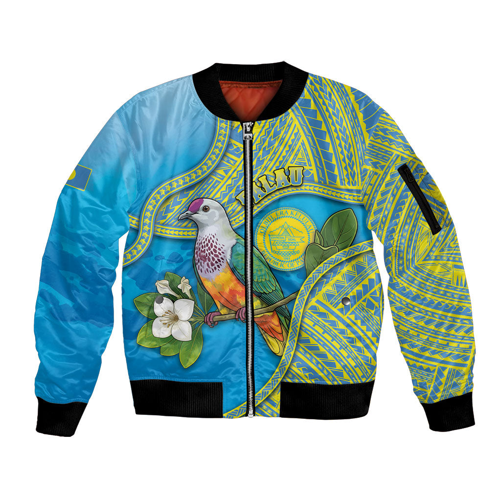 Personalised Palau Biib Bird Sleeve Zip Bomber Jacket Rur Flower And Rock Islands Patterns DT05 Unisex Blue - Polynesian Pride