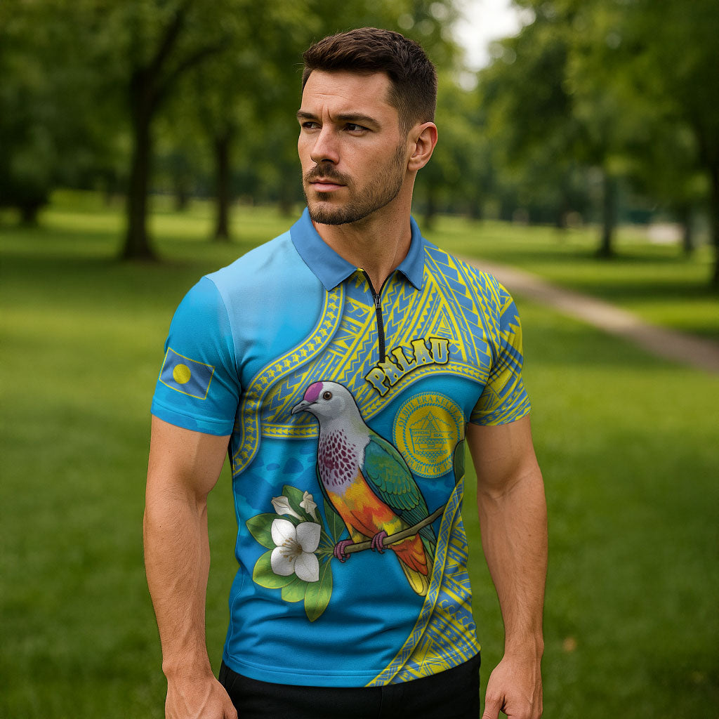 Personalised Palau Biib Bird Zipper Polo Shirt Rur Flower And Rock Islands Patterns