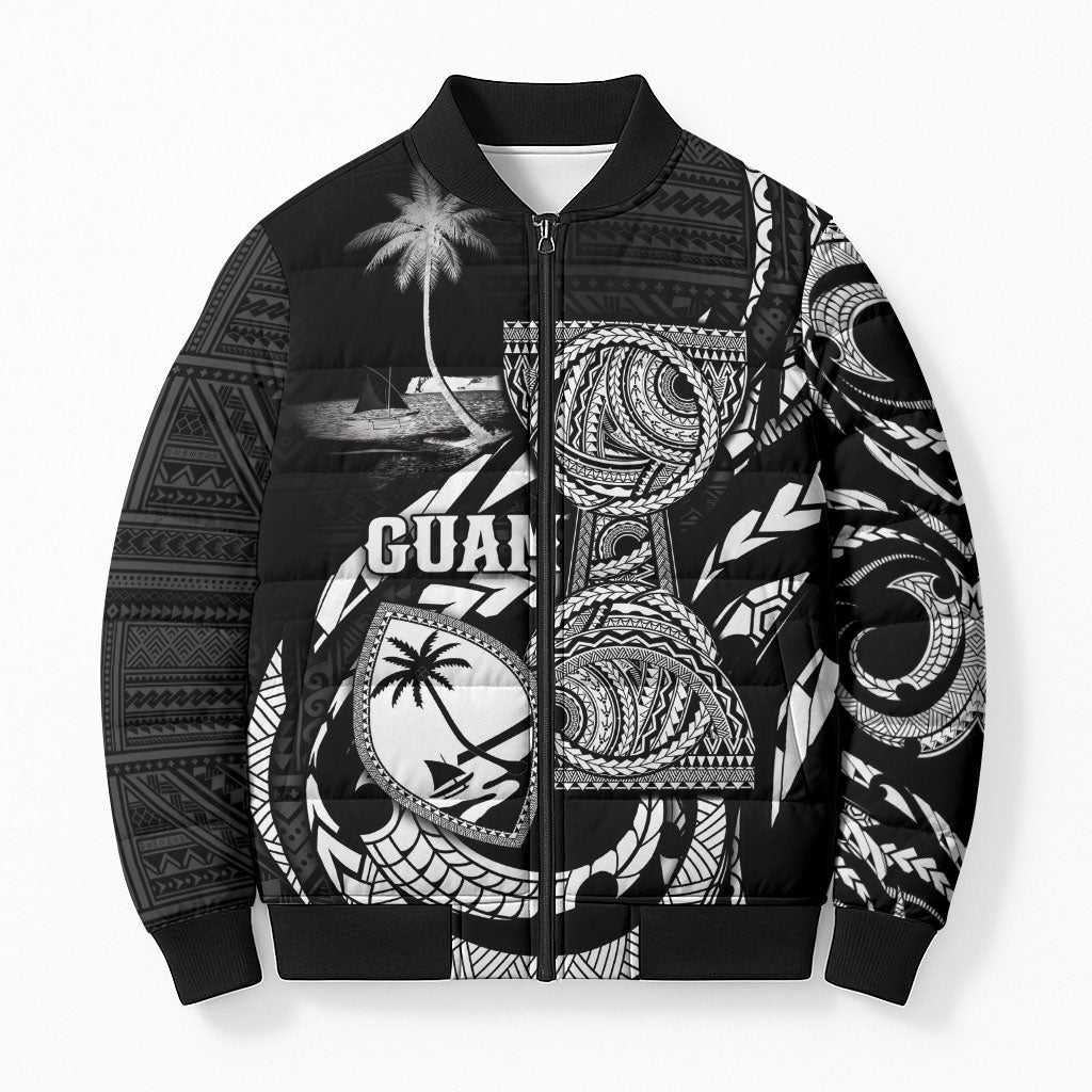 Personalised Guam Liberation Day Bomber Puffer Jacket Black White Latte Stone Tribal Patterns DT05 Unisex Black - Polynesian Pride