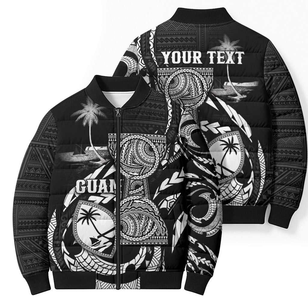 Personalised Guam Liberation Day Bomber Puffer Jacket Black White Latte Stone Tribal Patterns