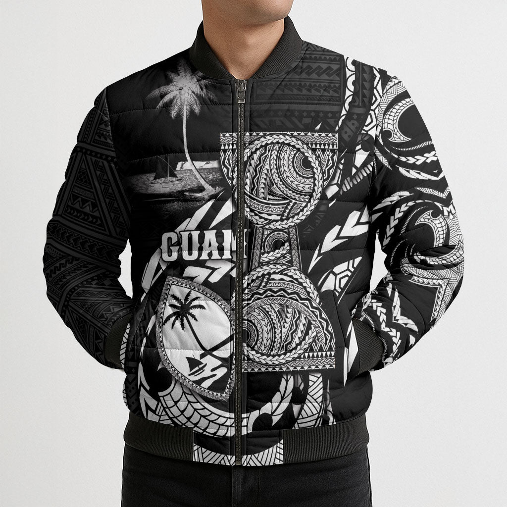 Personalised Guam Liberation Day Bomber Puffer Jacket Black White Latte Stone Tribal Patterns