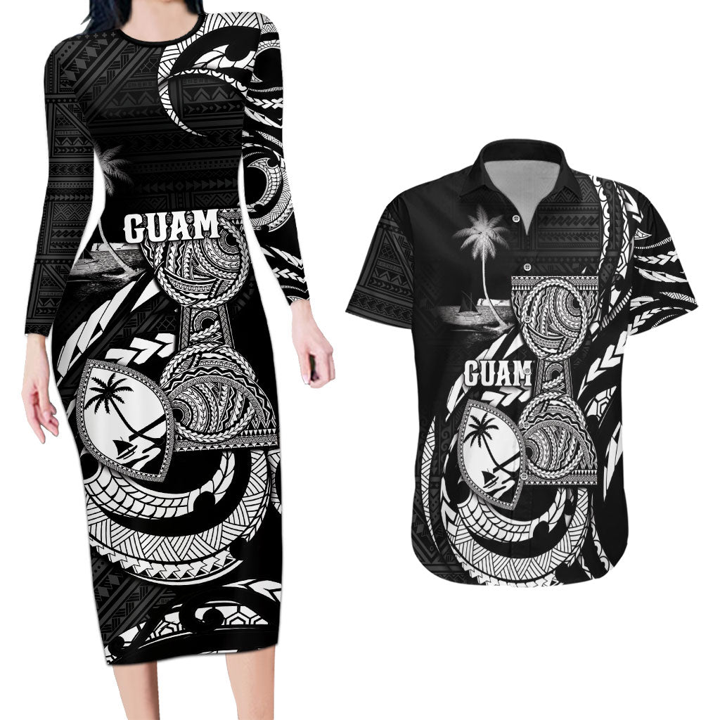 Personalised Guam Liberation Day Couples Matching Long Sleeve Bodycon Dress and Hawaiian Shirt Black White Latte Stone Tribal Patterns DT05 Black - Polynesian Pride
