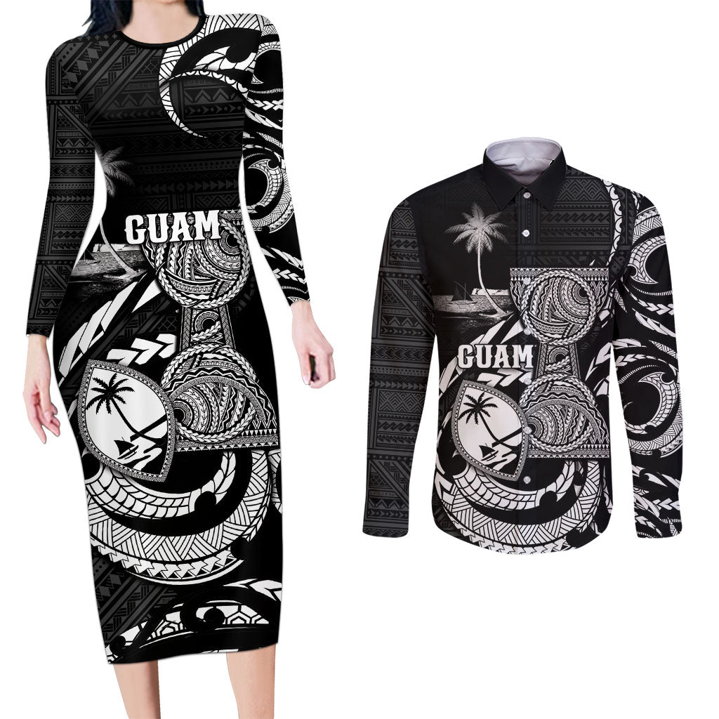Personalised Guam Liberation Day Couples Matching Long Sleeve Bodycon Dress and Long Sleeve Button Shirt Black White Latte Stone Tribal Patterns