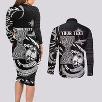 Personalised Guam Liberation Day Couples Matching Long Sleeve Bodycon Dress and Long Sleeve Button Shirt Black White Latte Stone Tribal Patterns