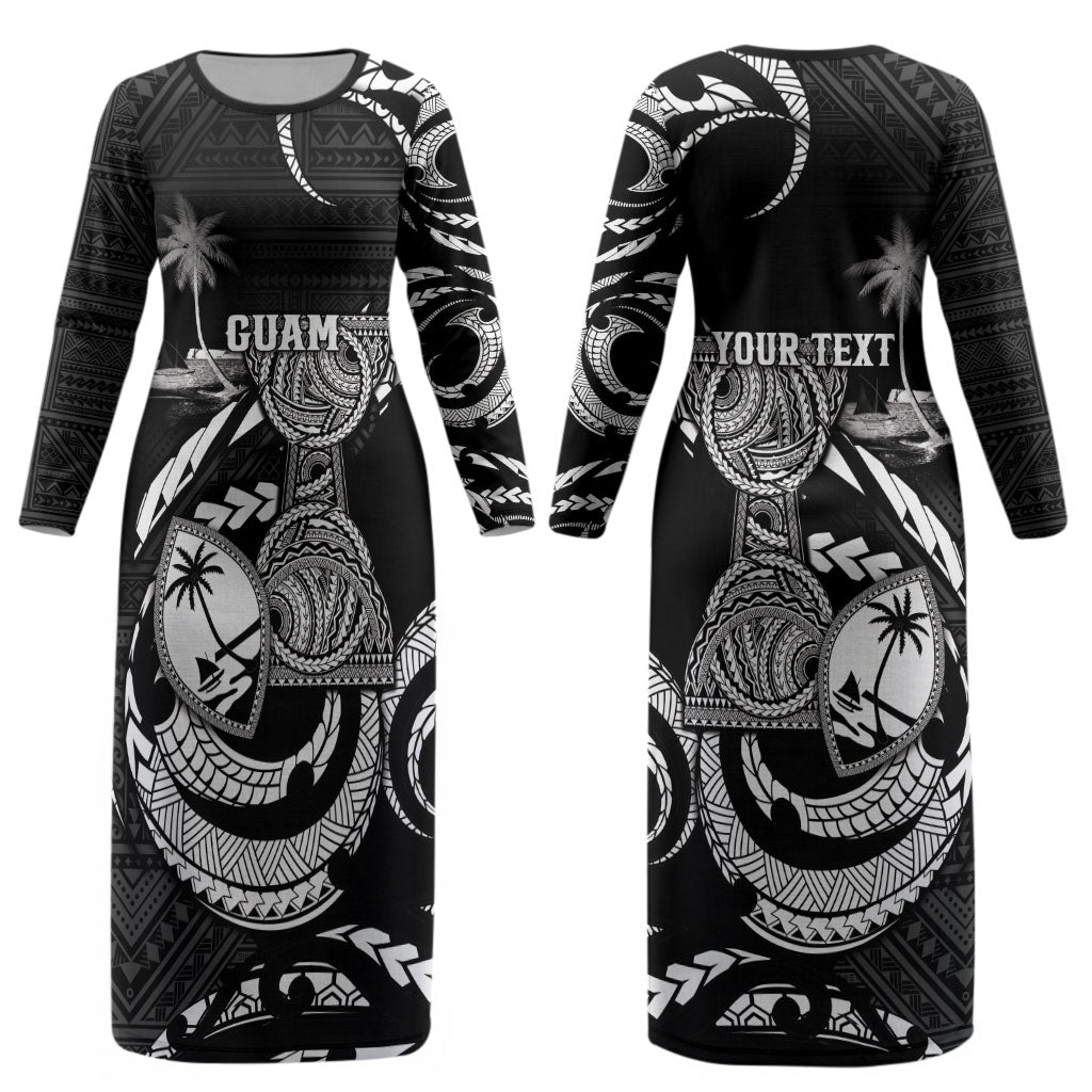 Personalised Guam Liberation Day Couples Matching Long Sleeve Bodycon Dress and Long Sleeve Button Shirt Black White Latte Stone Tribal Patterns DT05 - Polynesian Pride