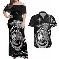 Personalised Guam Liberation Day Couples Matching Off Shoulder Maxi Dress and Hawaiian Shirt Black White Latte Stone Tribal Patterns