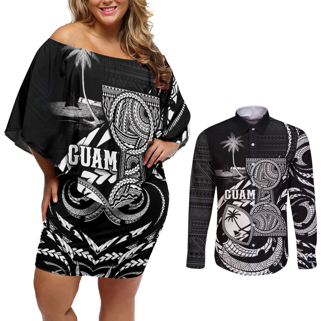 Personalised Guam Liberation Day Couples Matching Off Shoulder Short Dress and Long Sleeve Button Shirt Black White Latte Stone Tribal Patterns DT05 Black - Polynesian Pride