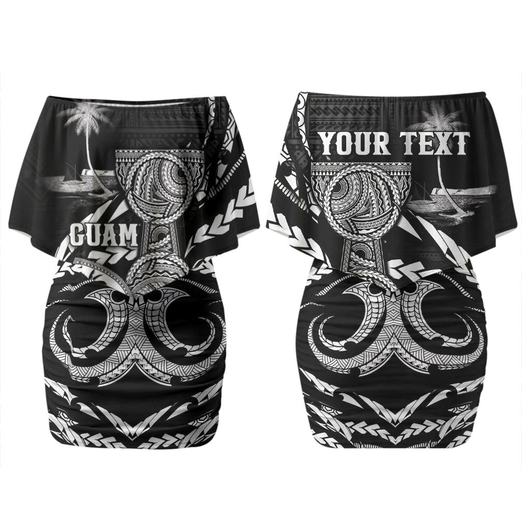 Personalised Guam Liberation Day Couples Matching Off Shoulder Short Dress and Long Sleeve Button Shirt Black White Latte Stone Tribal Patterns DT05 - Polynesian Pride