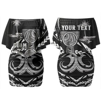 Personalised Guam Liberation Day Couples Matching Off Shoulder Short Dress and Long Sleeve Button Shirt Black White Latte Stone Tribal Patterns DT05 - Polynesian Pride