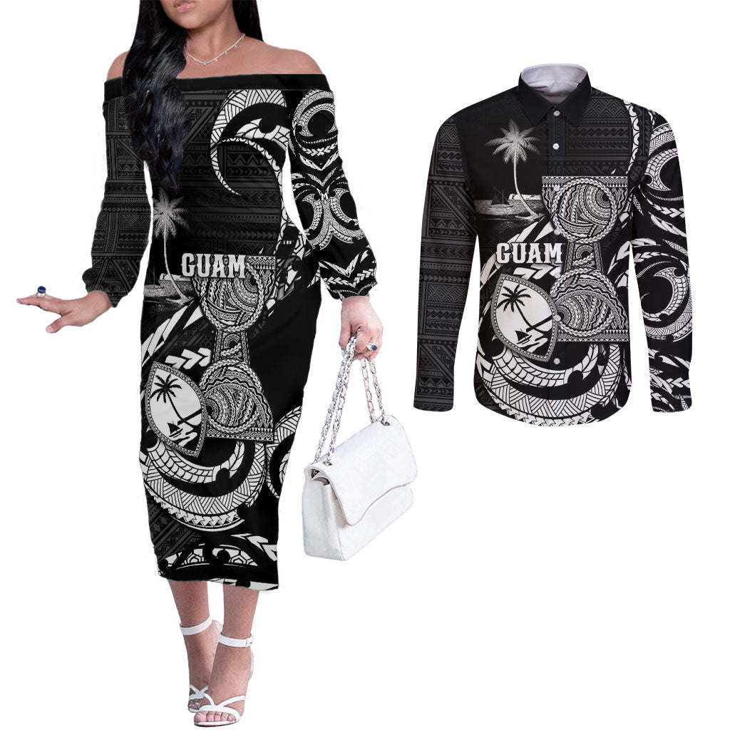 Personalised Guam Liberation Day Couples Matching Off The Shoulder Long Sleeve Dress and Long Sleeve Button Shirt Black White Latte Stone Tribal Patterns DT05 Black - Polynesian Pride