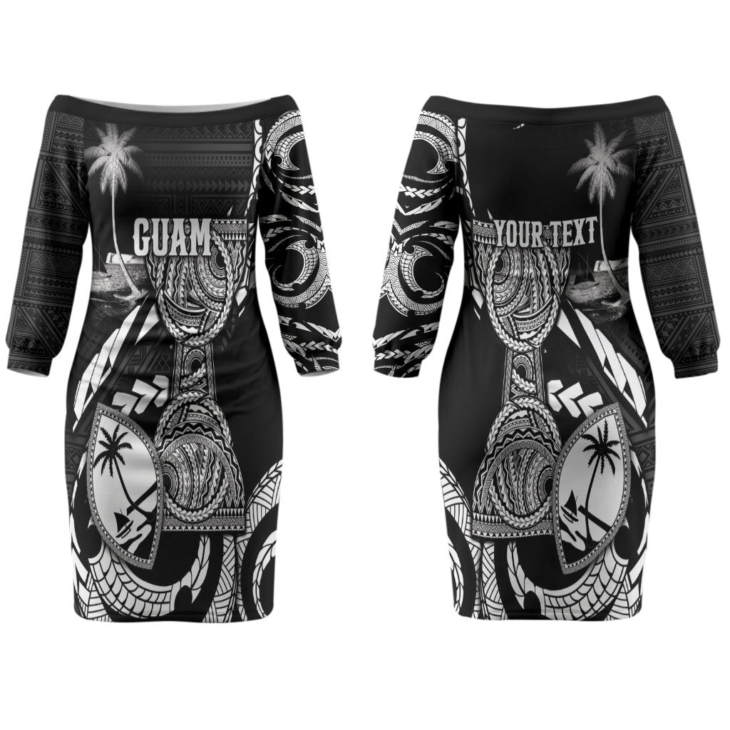 Personalised Guam Liberation Day Couples Matching Off The Shoulder Long Sleeve Dress and Long Sleeve Button Shirt Black White Latte Stone Tribal Patterns DT05 - Polynesian Pride