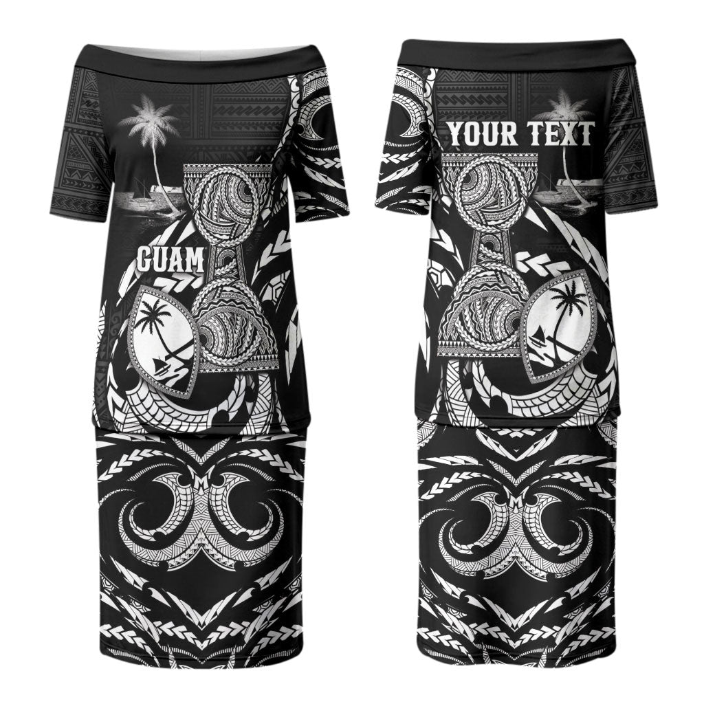 Personalised Guam Liberation Day Couples Matching Puletasi and Hawaiian Shirt Black White Latte Stone Tribal Patterns DT05 - Polynesian Pride