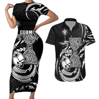 Personalised Guam Liberation Day Couples Matching Short Sleeve Bodycon Dress and Hawaiian Shirt Black White Latte Stone Tribal Patterns