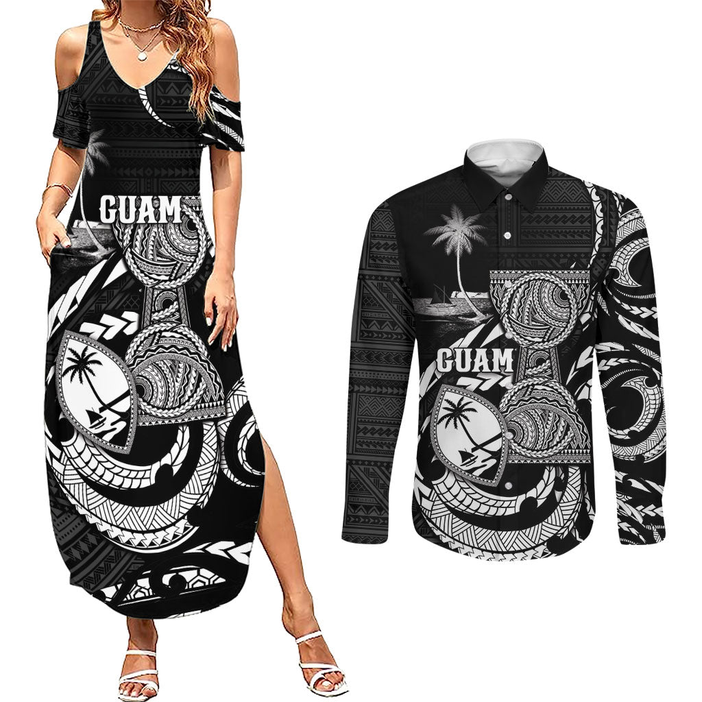 Personalised Guam Liberation Day Couples Matching Summer Maxi Dress and Long Sleeve Button Shirt Black White Latte Stone Tribal Patterns DT05 Black - Polynesian Pride