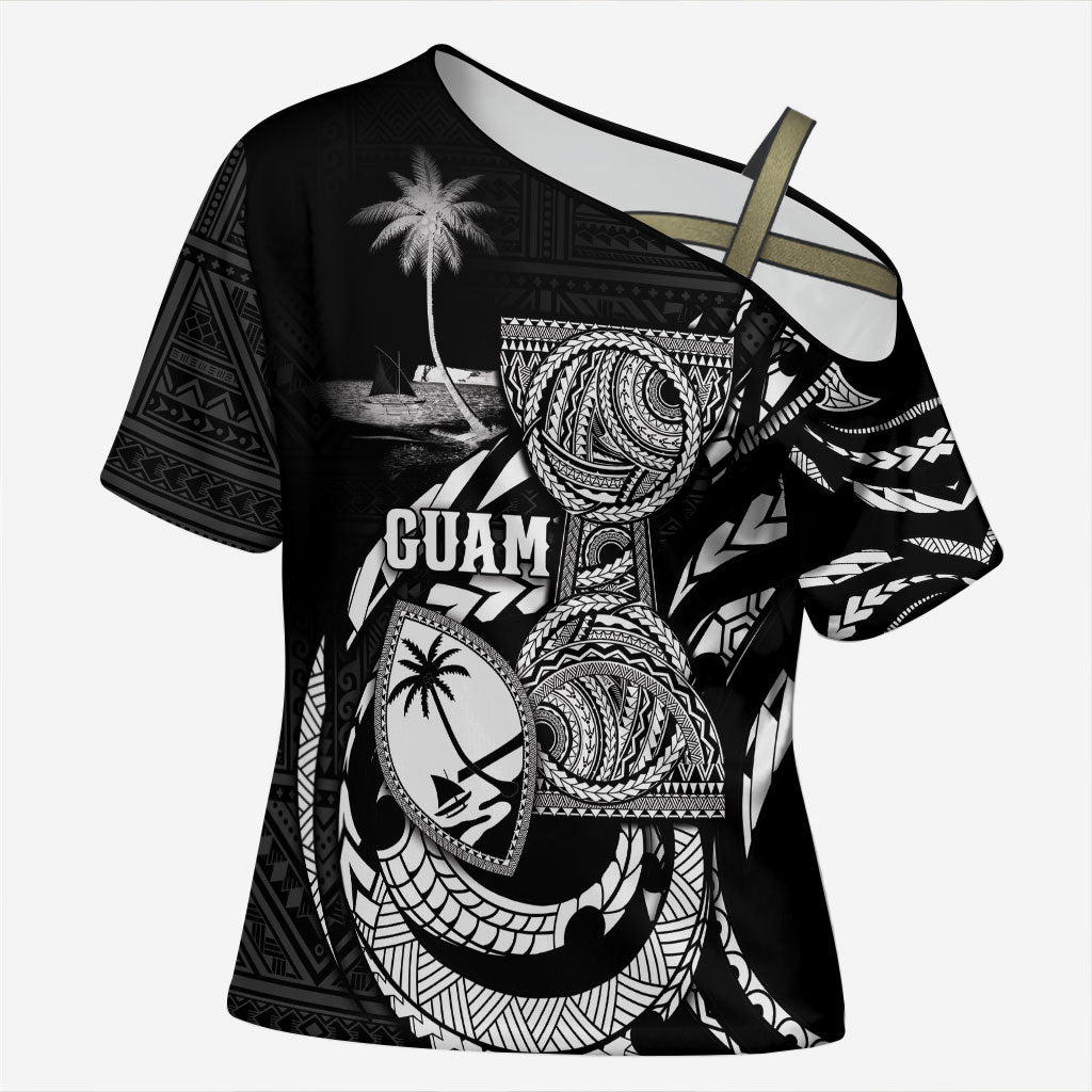 Personalised Guam Liberation Day Cross Shoulder Shirt Black White Latte Stone Tribal Patterns