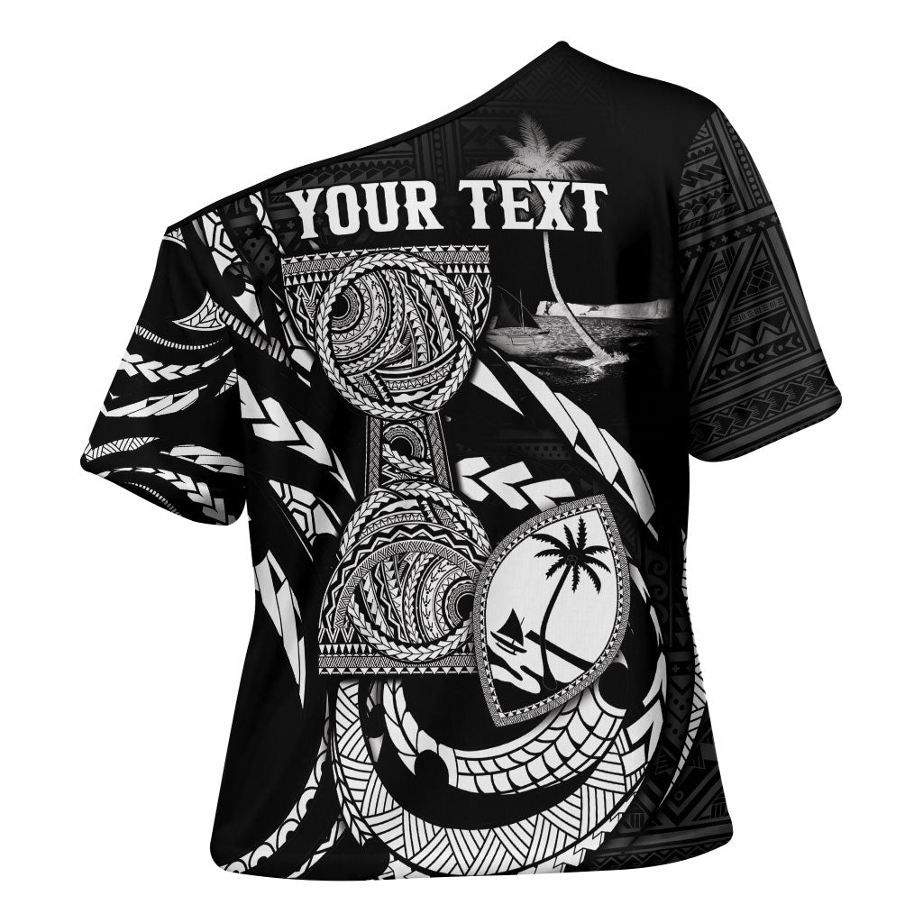 Personalised Guam Liberation Day Cross Shoulder Shirt Black White Latte Stone Tribal Patterns
