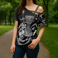 Personalised Guam Liberation Day Cross Shoulder Shirt Black White Latte Stone Tribal Patterns