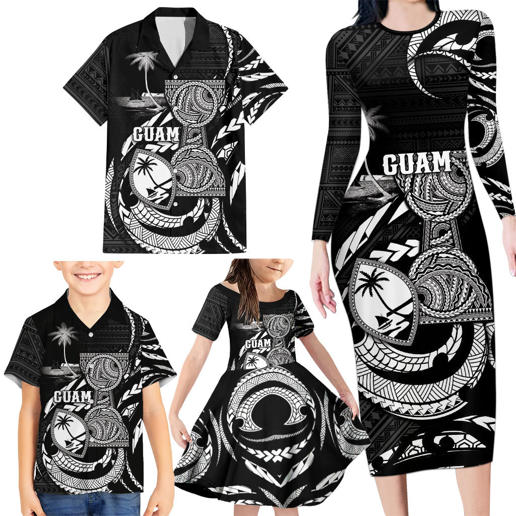 Personalised Guam Liberation Day Family Matching Long Sleeve Bodycon Dress and Hawaiian Shirt Black White Latte Stone Tribal Patterns DT05 - Polynesian Pride