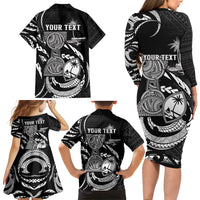 Personalised Guam Liberation Day Family Matching Long Sleeve Bodycon Dress and Hawaiian Shirt Black White Latte Stone Tribal Patterns