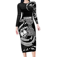 Personalised Guam Liberation Day Family Matching Long Sleeve Bodycon Dress and Hawaiian Shirt Black White Latte Stone Tribal Patterns