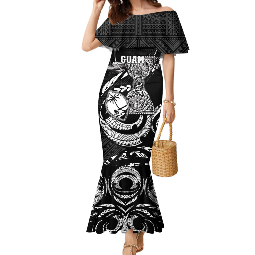 Personalised Guam Liberation Day Family Matching Mermaid Dress and Hawaiian Shirt Black White Latte Stone Tribal Patterns