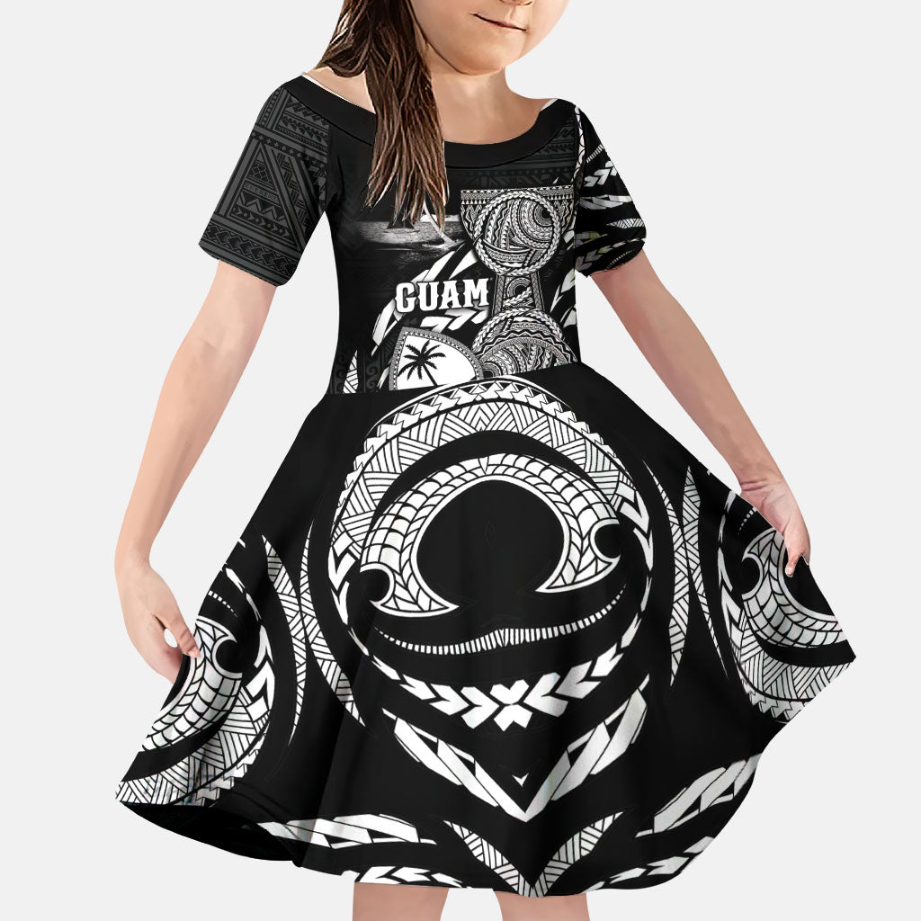 Personalised Guam Liberation Day Family Matching Off Shoulder Maxi Dress and Hawaiian Shirt Black White Latte Stone Tribal Patterns