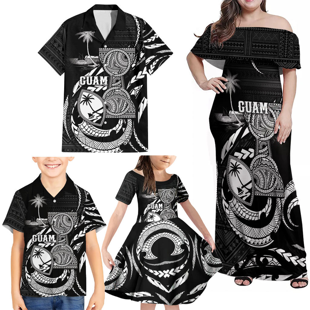 Personalised Guam Liberation Day Family Matching Off Shoulder Maxi Dress and Hawaiian Shirt Black White Latte Stone Tribal Patterns