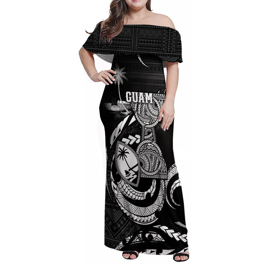 Personalised Guam Liberation Day Family Matching Off Shoulder Maxi Dress and Hawaiian Shirt Black White Latte Stone Tribal Patterns