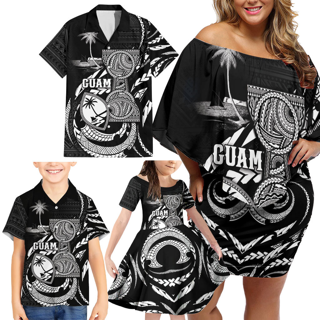 Personalised Guam Liberation Day Family Matching Off Shoulder Short Dress and Hawaiian Shirt Black White Latte Stone Tribal Patterns DT05 - Polynesian Pride