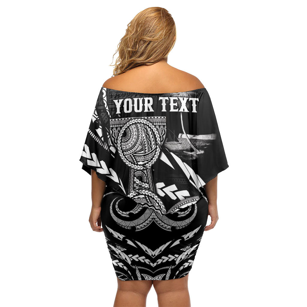 Personalised Guam Liberation Day Family Matching Off Shoulder Short Dress and Hawaiian Shirt Black White Latte Stone Tribal Patterns