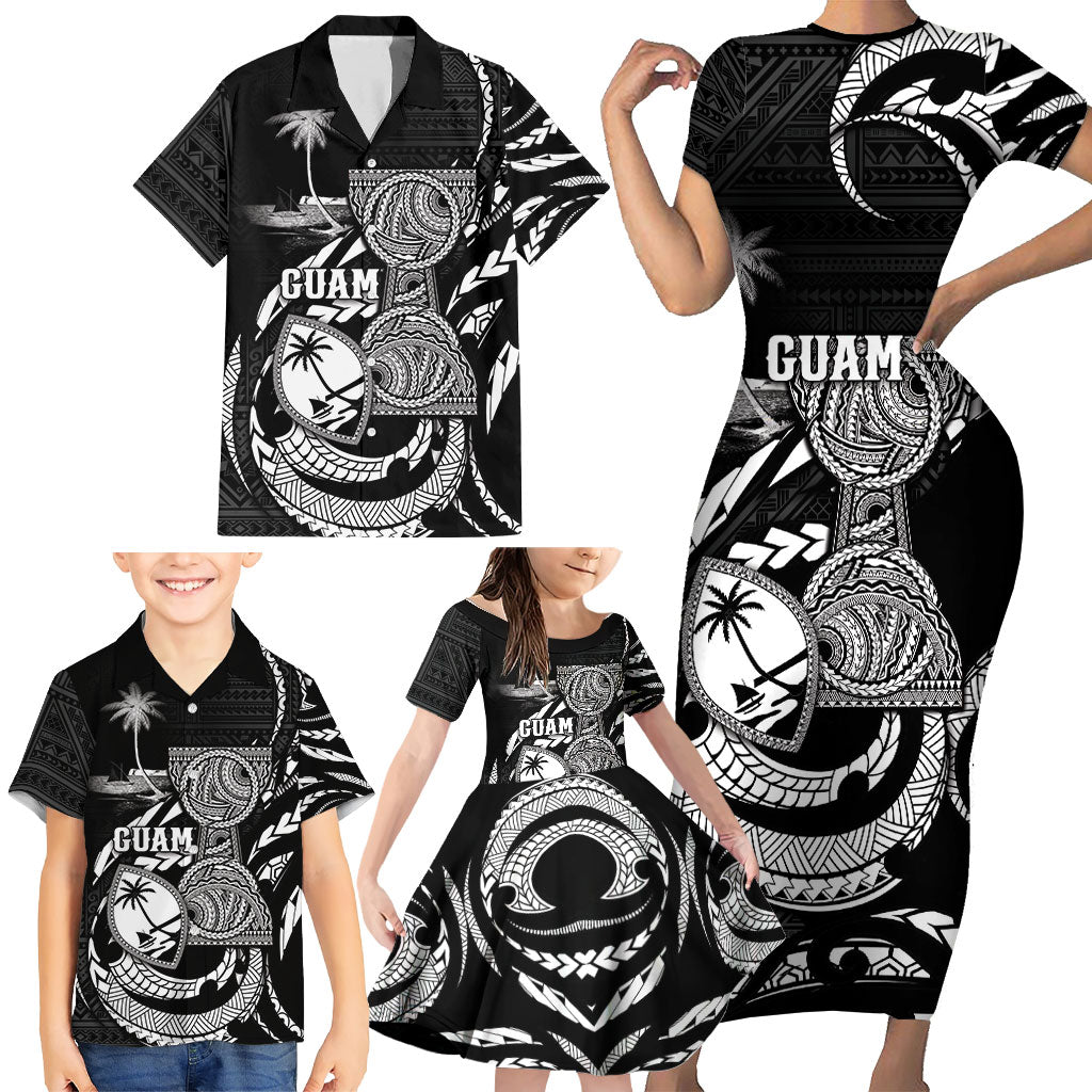 Personalised Guam Liberation Day Family Matching Short Sleeve Bodycon Dress and Hawaiian Shirt Black White Latte Stone Tribal Patterns