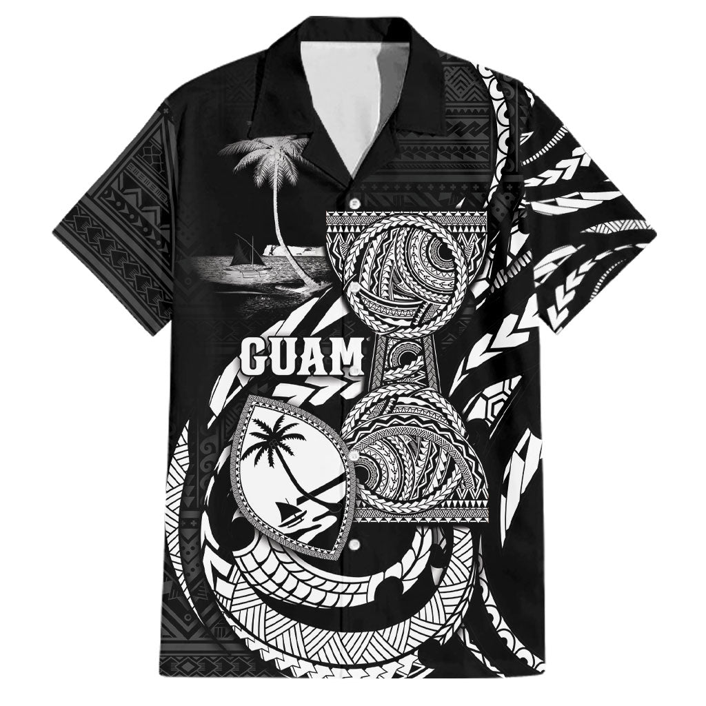 Personalised Guam Liberation Day Family Matching Short Sleeve Bodycon Dress and Hawaiian Shirt Black White Latte Stone Tribal Patterns
