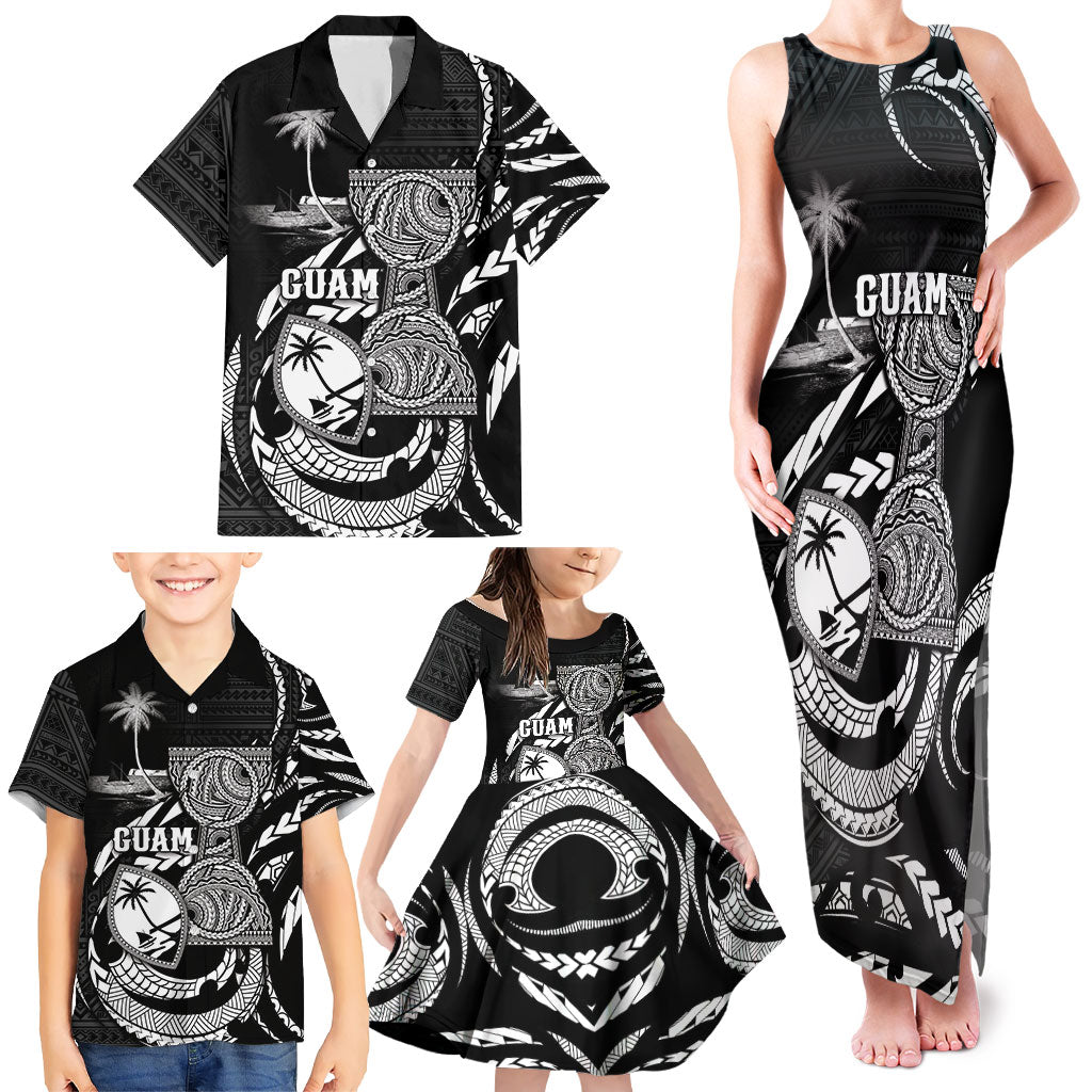 Personalised Guam Liberation Day Family Matching Tank Maxi Dress and Hawaiian Shirt Black White Latte Stone Tribal Patterns DT05 - Polynesian Pride