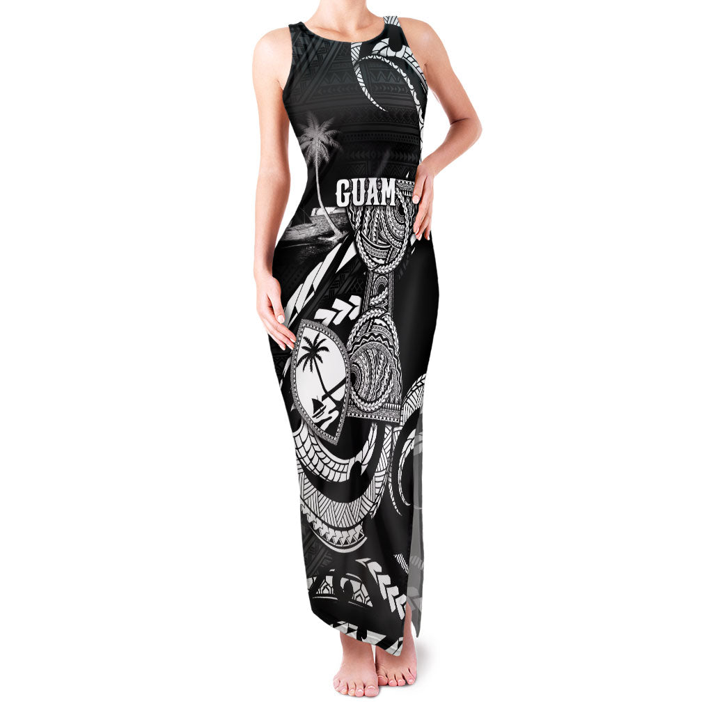 Personalised Guam Liberation Day Family Matching Tank Maxi Dress and Hawaiian Shirt Black White Latte Stone Tribal Patterns