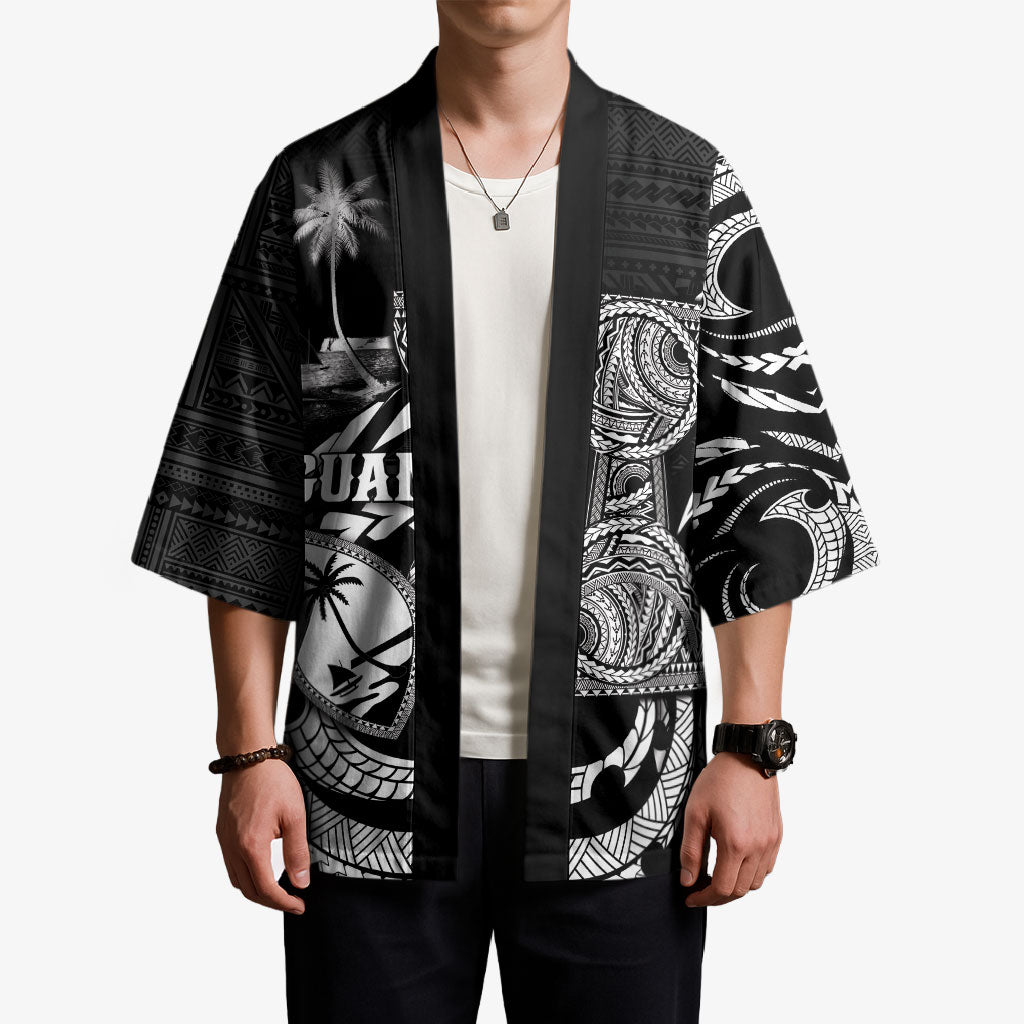 Personalised Guam Liberation Day Kimono Black White Latte Stone Tribal Patterns