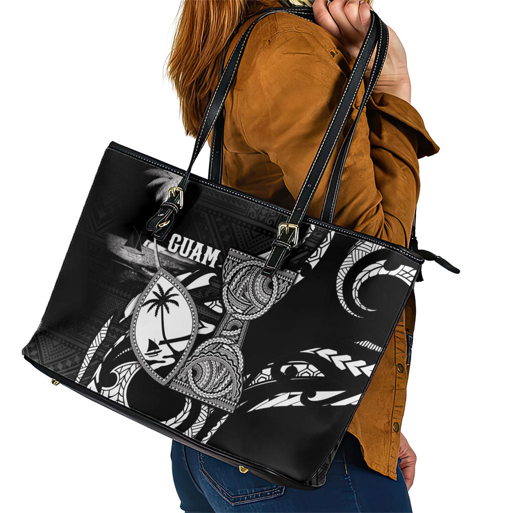 Guam Liberation Day Leather Tote Bag Black White Latte Stone Tribal Patterns