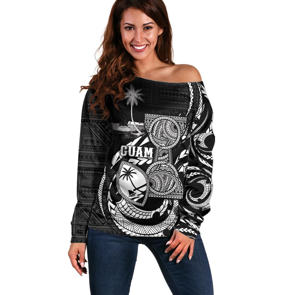 Personalised Guam Liberation Day Off Shoulder Sweater Black White Latte Stone Tribal Patterns DT05 Women Black - Polynesian Pride