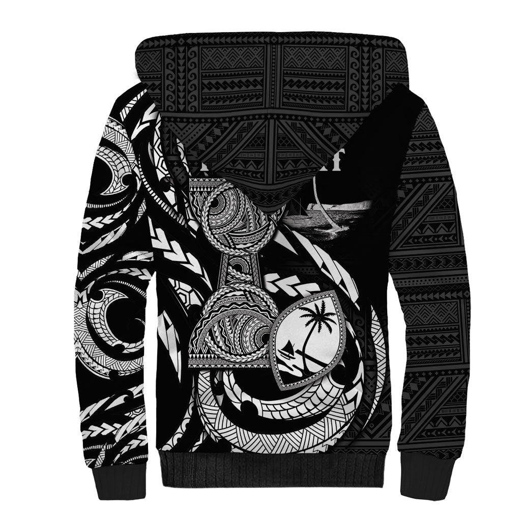 Personalised Guam Liberation Day Sherpa Hoodie Black White Latte Stone Tribal Patterns