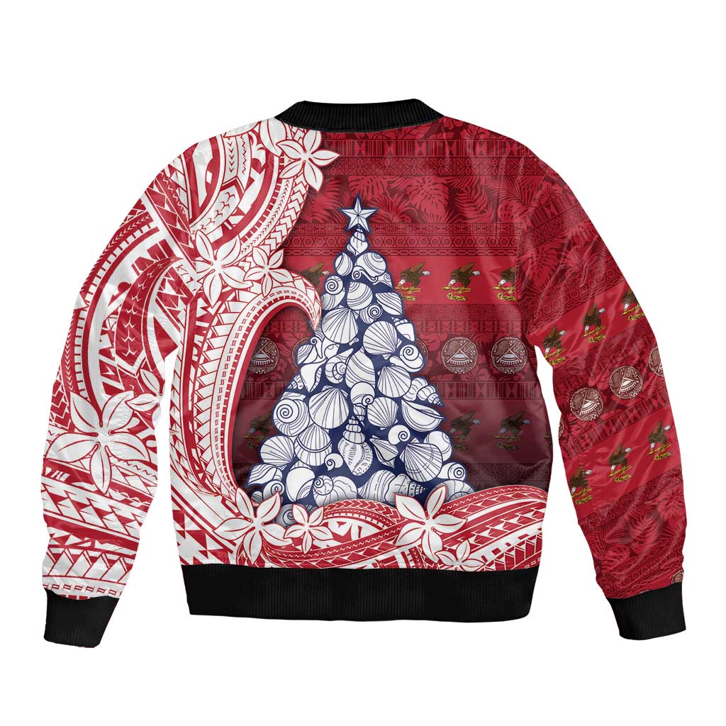 American Samoa Christmas Bomber Jacket Seashell Xmas Tree Tribal Waves - Polynesian Pride